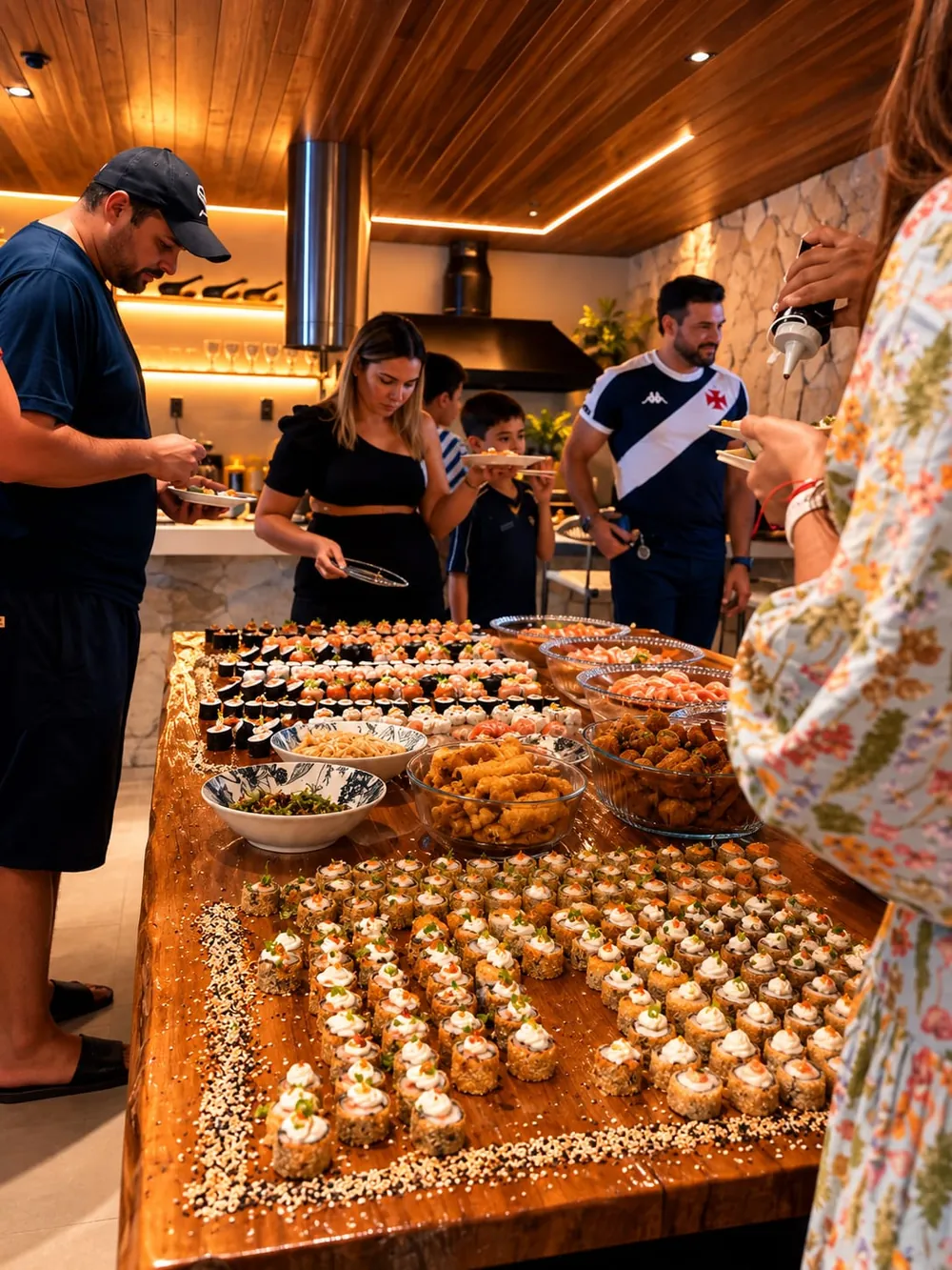 Convidados se servindo em uma mesa de madeira repleta de sushis