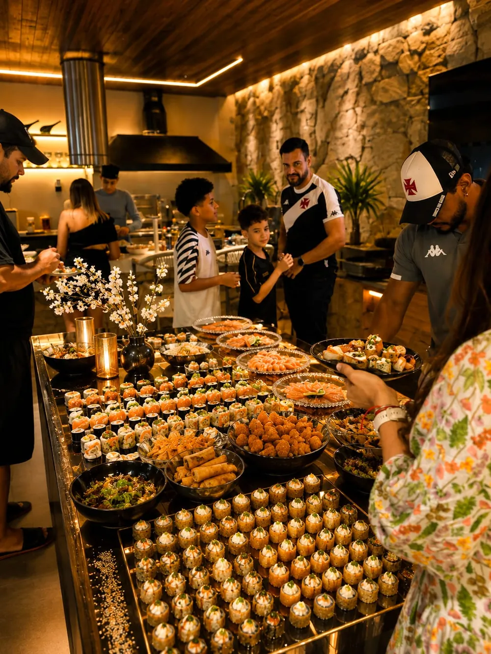 Mesa de sushis iluminada em um evento, com convidados montando seus pratos