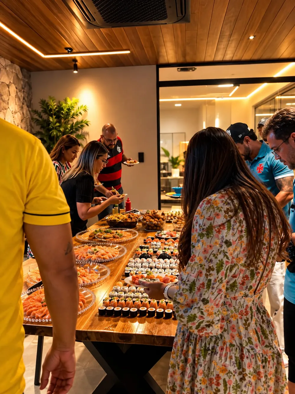 Convidados escolhendo sushis em uma mesa de evento