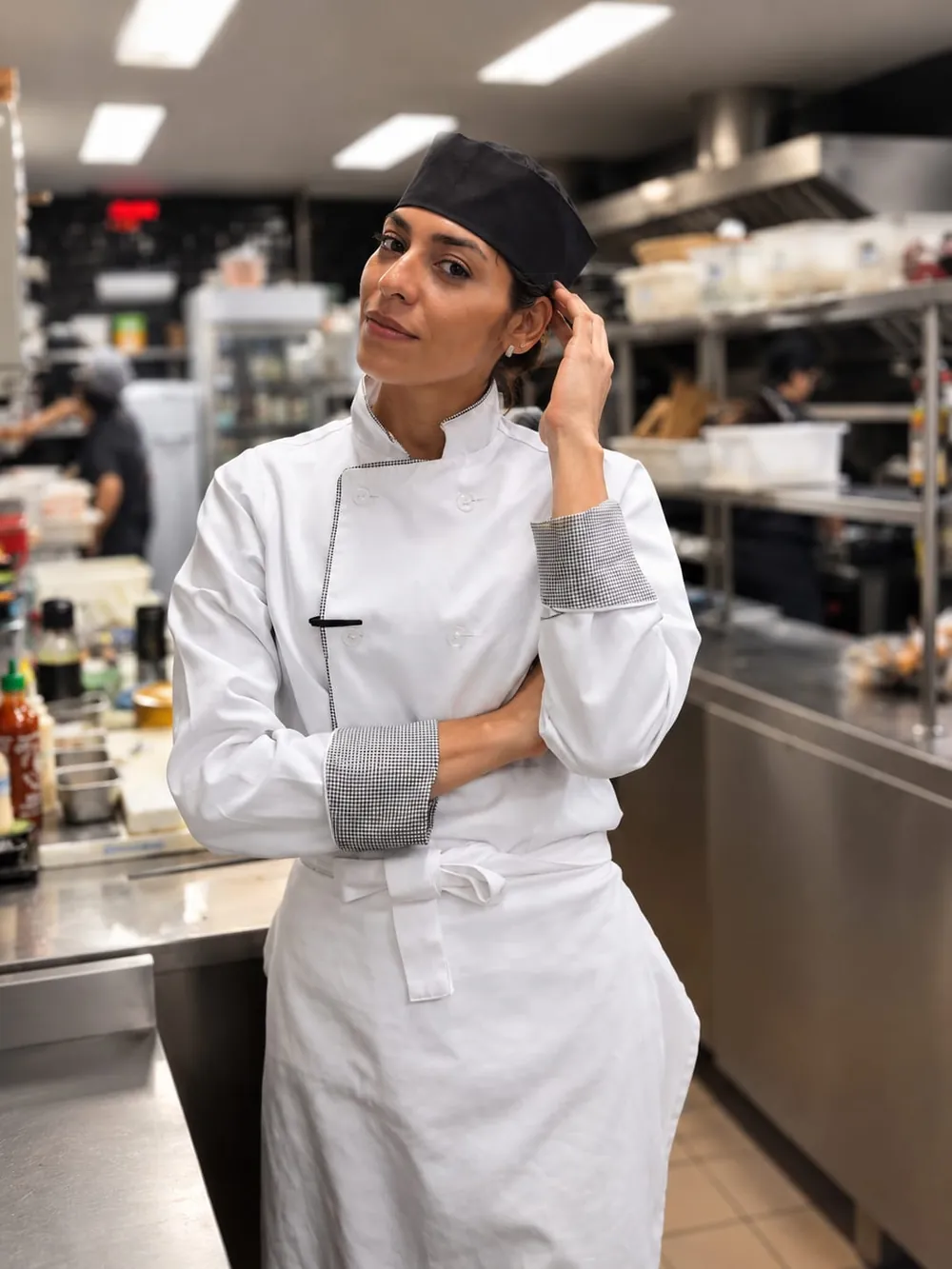 Joy de jaleco branco e touca na cozinha profissional