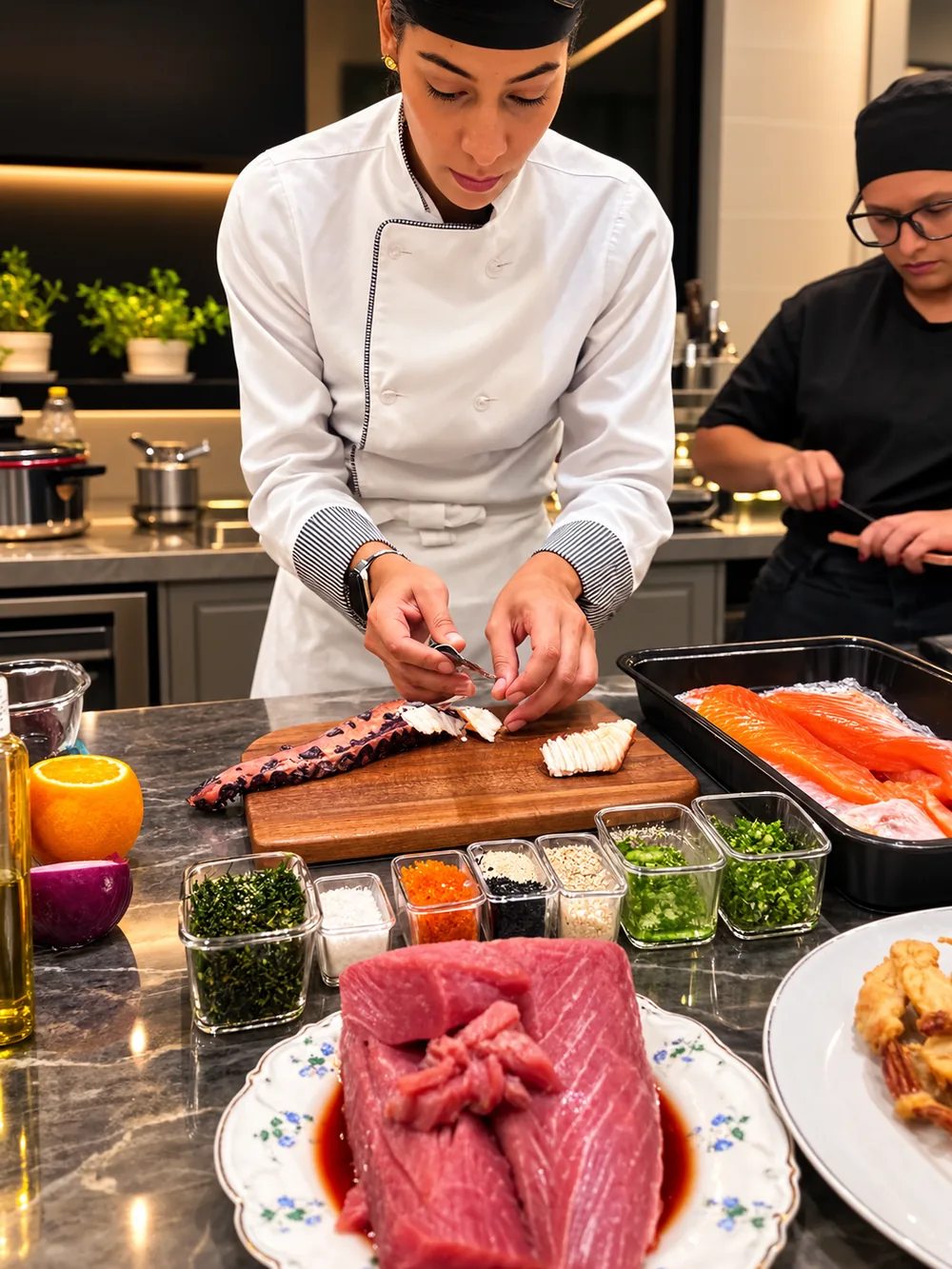 Joy de jaleco branco preparando polvo e outros ingredientes, com atum e salmão sobre a bancada