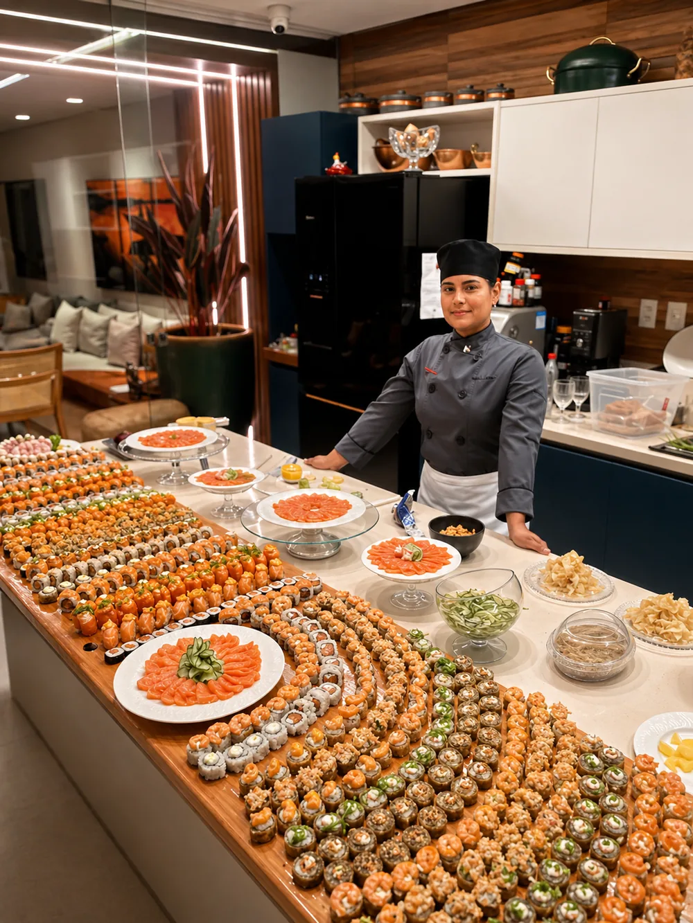 Joy ao lado de uma mesa cheia de uramakis, hot rolls e travessas de sashimi de salmão, em uma cozinha de evento